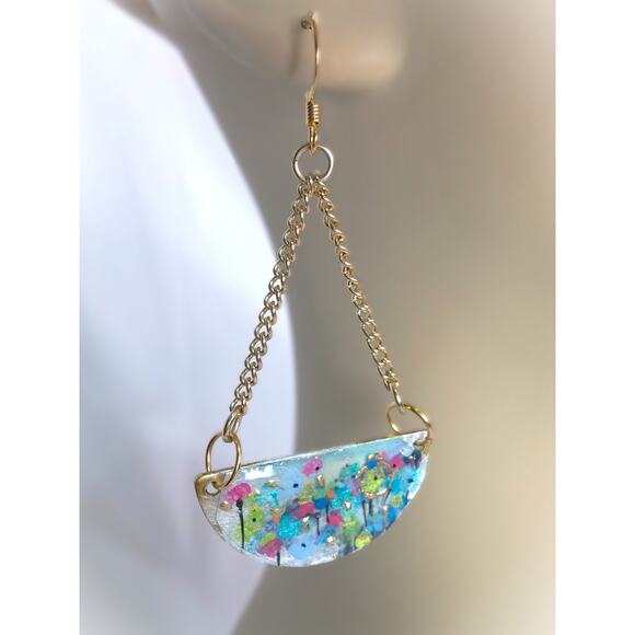 Crescent Floral Earrings Hand Painted Artisan Colorful Real Gold Accents NEW - Picture 3 of 10